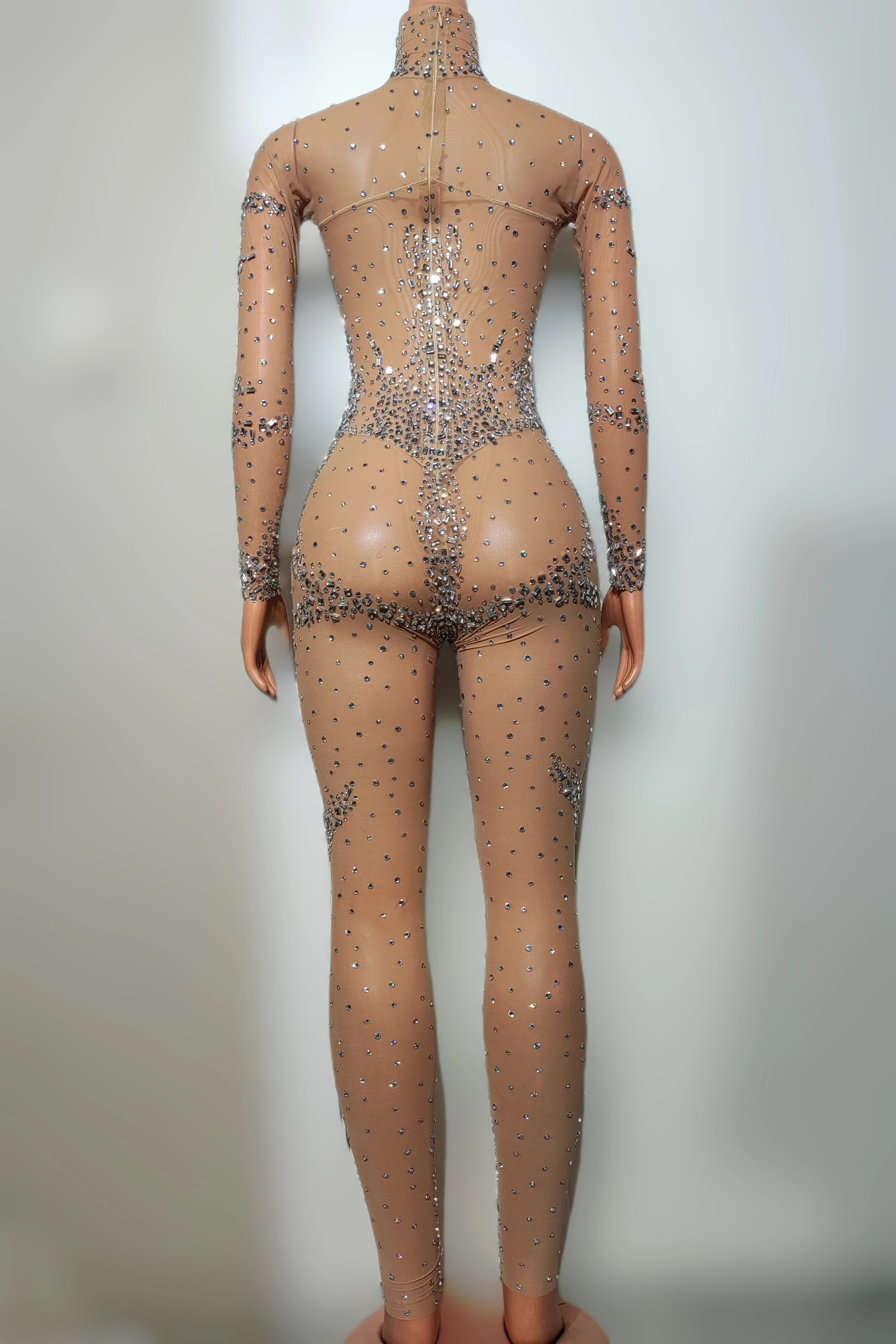 Luxury Nude See Through Rhinestone Bodysuit Fashion Outfits Show Dance wear Club Party Rompers Crystal Mesh Jumpsuits for Women