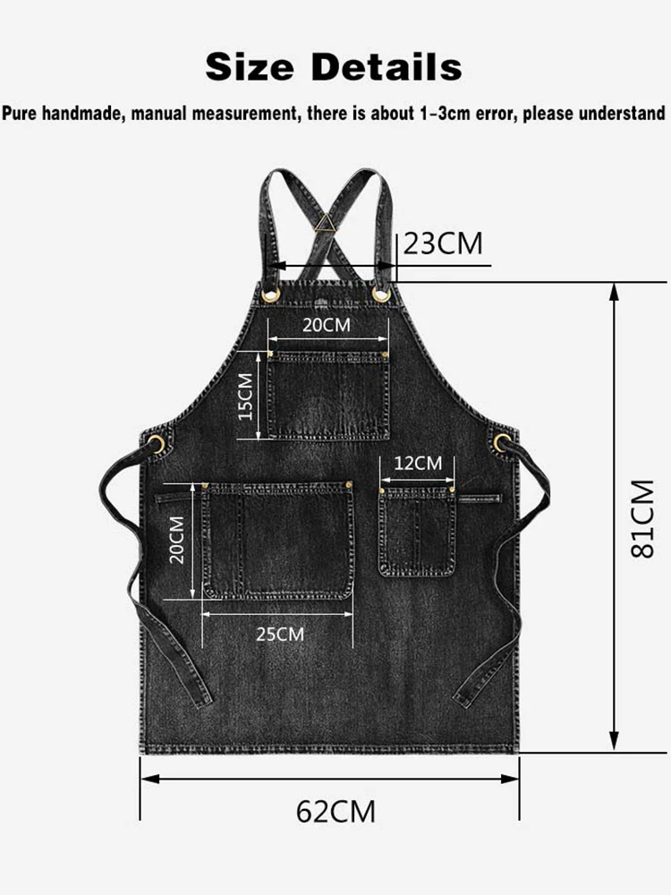 Adjustable Waist Black Blue Denim Apron for Men And Women - Ideal for Restaurant Cafe Barber Bakery Workwear