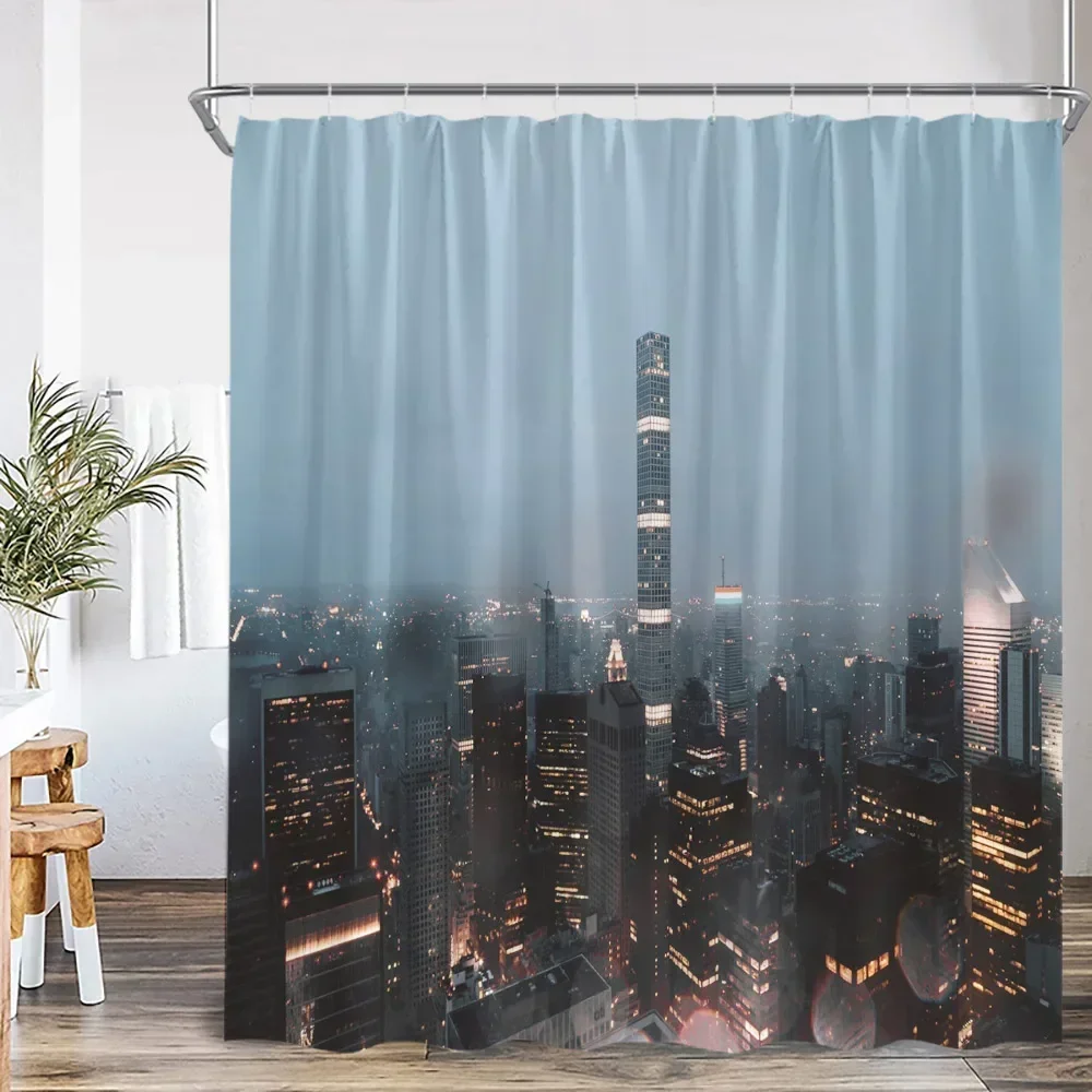 

Ночной вид на город, высотное здание, вид на улицу, занавеска для душа, украшение для ванной комнаты, современное здание, полиэстеровая занавеска для душа