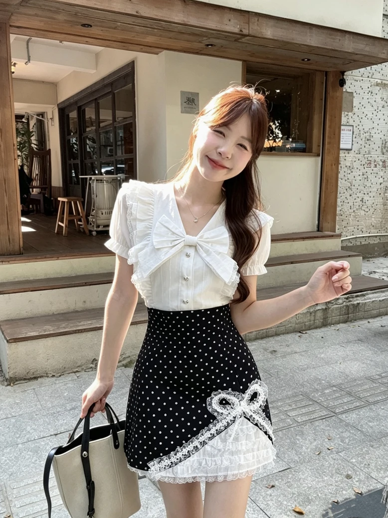 

Sweet Style Lace Splice Knot Shirt Women's Fashion Slimming Age-Defying Summer New Arrival Top Quality Garment
