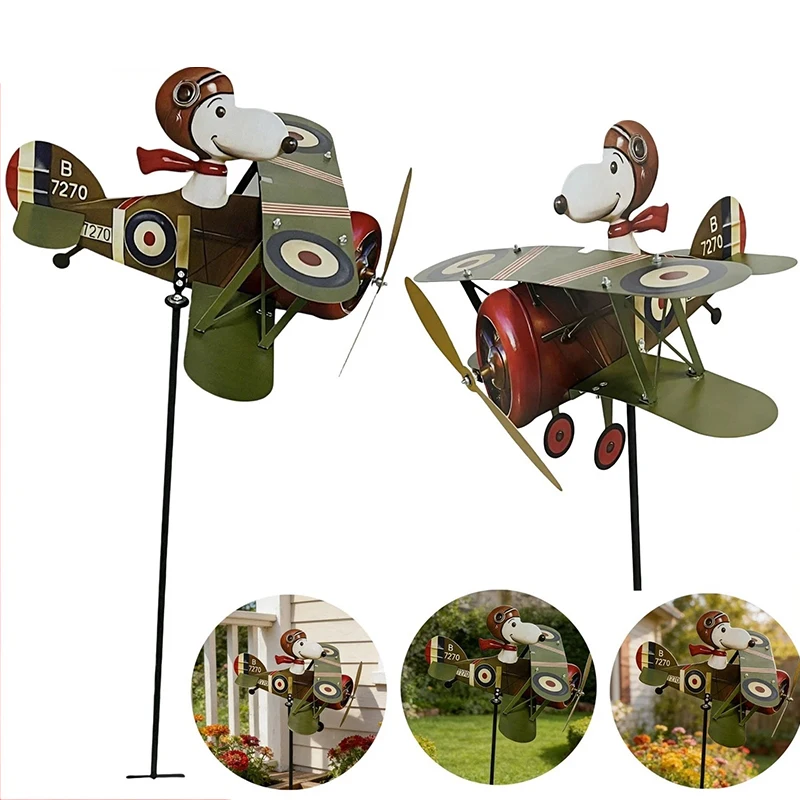 

Pilot Flying Biplane Metal Windmill Wind Energy for Yard Cool Decoration for Outdoor Garden Sculpture Windmills