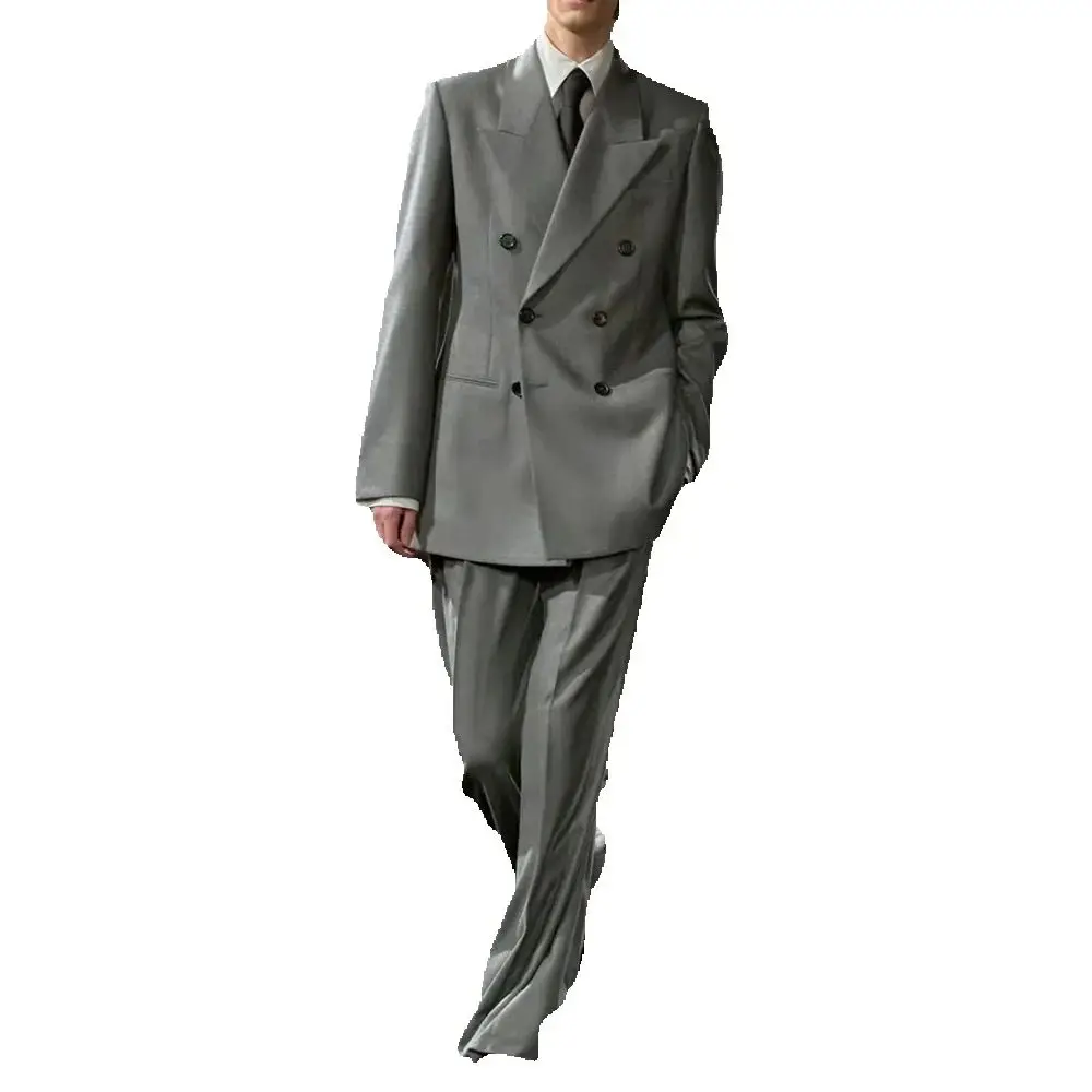 High-end Grey Double Breasted Men Suit Two Piece(Jacket+Pants) Lapel Outfits Chic Casual Party Prom Wedding Set