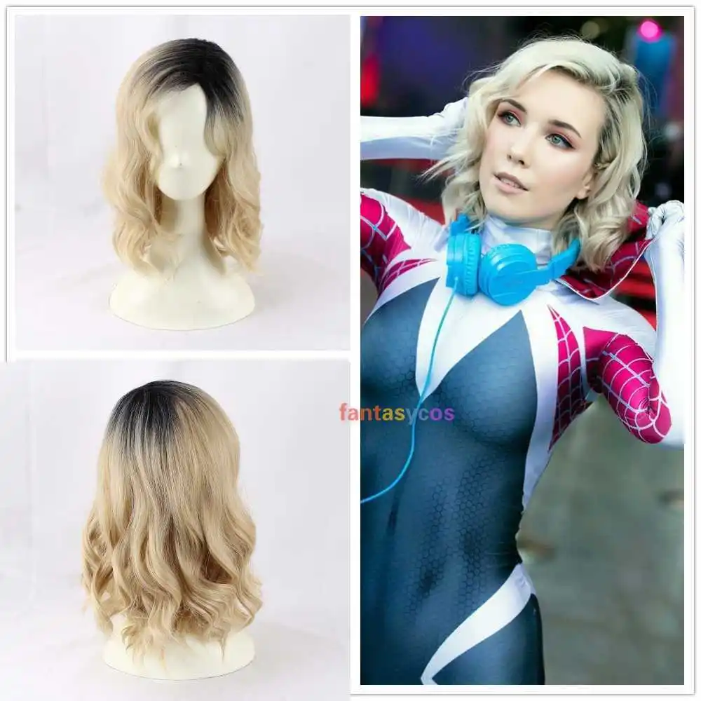 

Gwen Stacy Cosplay Wig Gwen Wig Blonde with Dark Roots Wavy Short Wigs Heat Resistant Synthetic Hair for Halloween Role Play