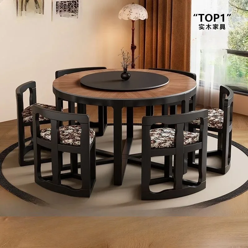 solid wood round dining table and chairs can be stored, retro style modern simple wood grain rock slab dining table