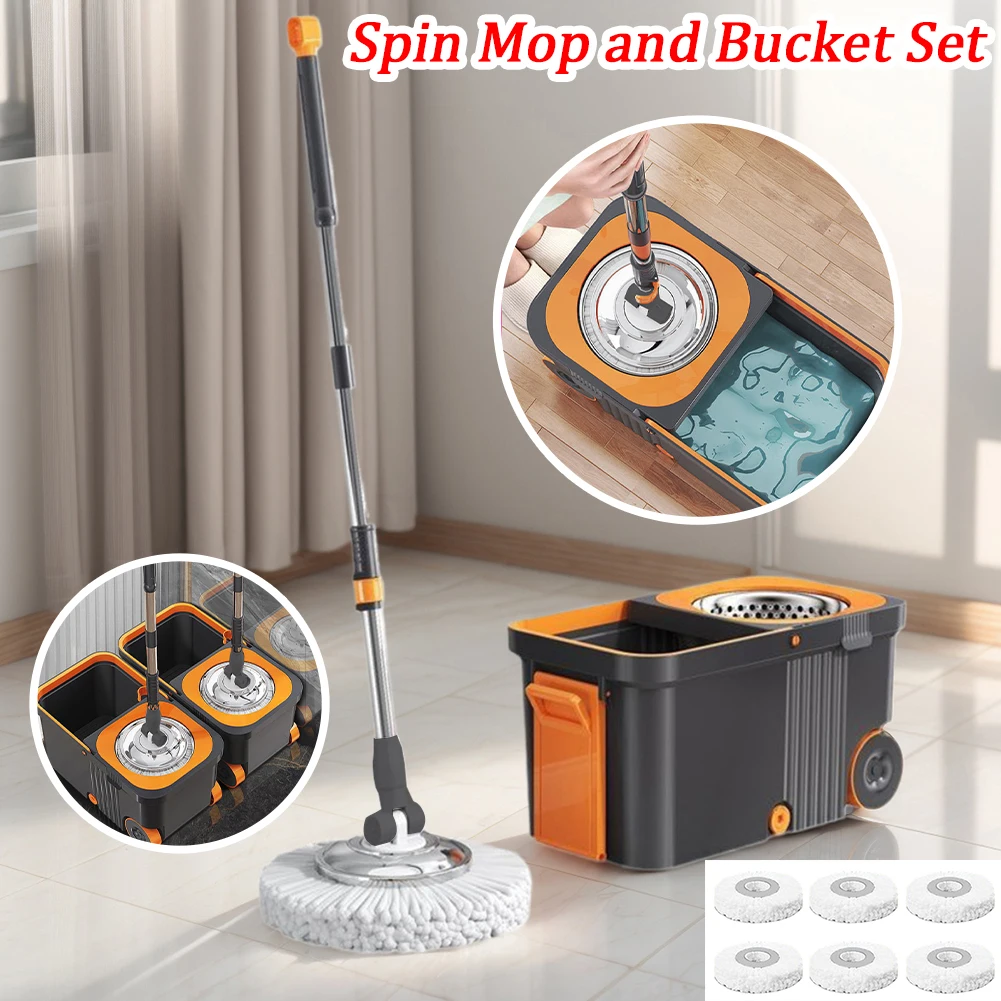 

Набор для уборки: вращающаяся швабра с 6 сменными насадками, удлиненной ручкой, функцией автоматического отжима без рук, и ведром