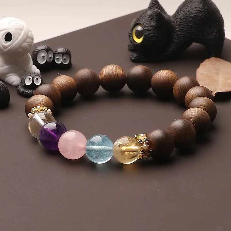 Handmade Agarwood Single Circle Bracelet Fresh Crystal Five Elements Multi Gemstone Couple Bracelet Gifts