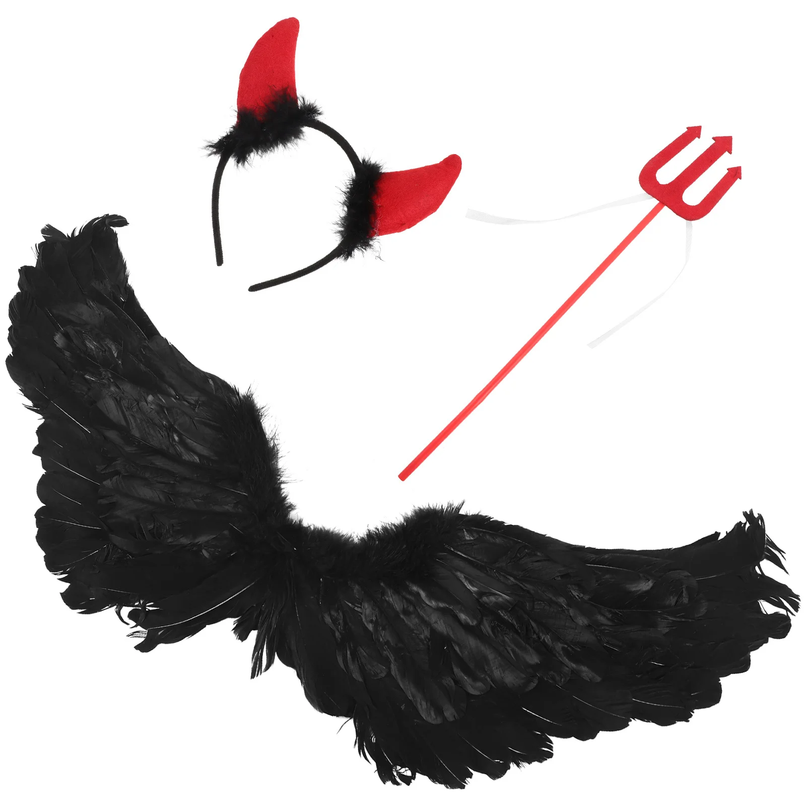 

1 комплект, крылья дьявола на Хэллоуин, украшение на спине, черный детский костюм, повязка на голову с рогом, крыло, пластиковая вилка, реквизит для вечеринки