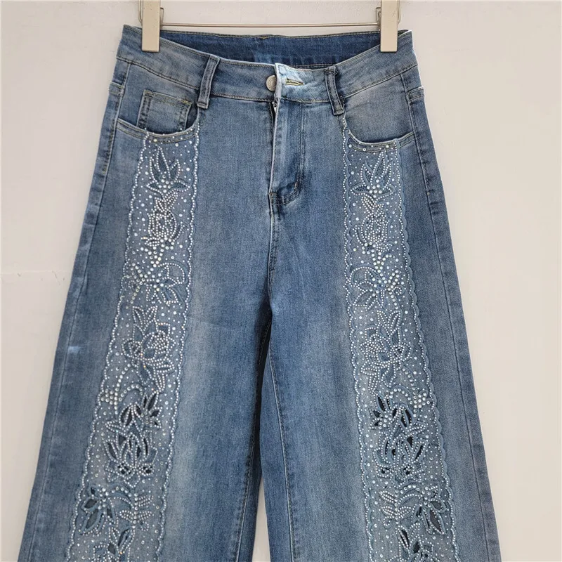 ANJY Autumn Women High Street Lace Diamonds Tide Hollow Out Patchwork Jeans Light Luxury Stretch Versatile Straight Pants A10573