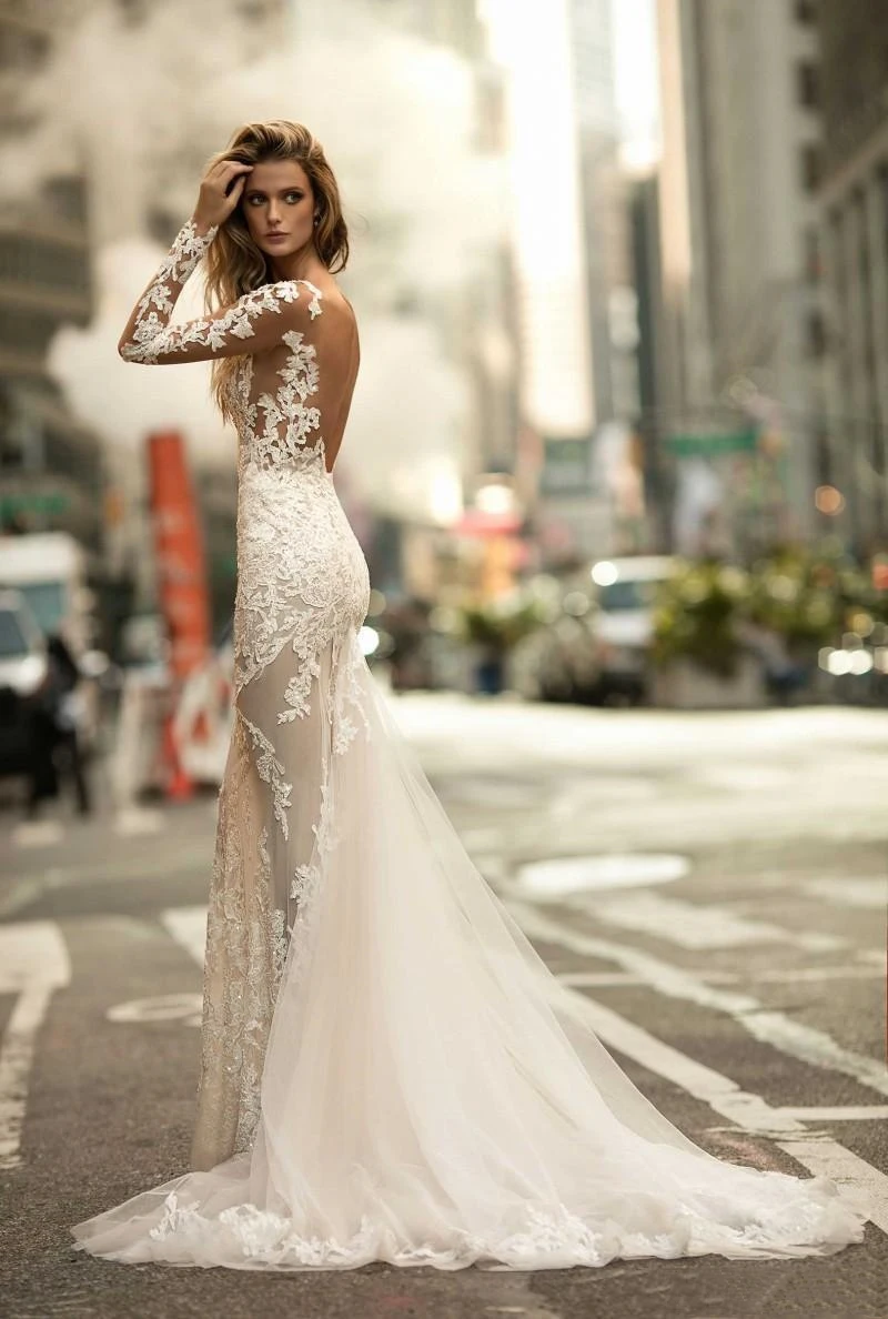 Robe de mariée sirène à manches longues, Sexy, dos nu, avec des appliques en dentelle, effet d'illusion, corsage en queue de poisson, 2023