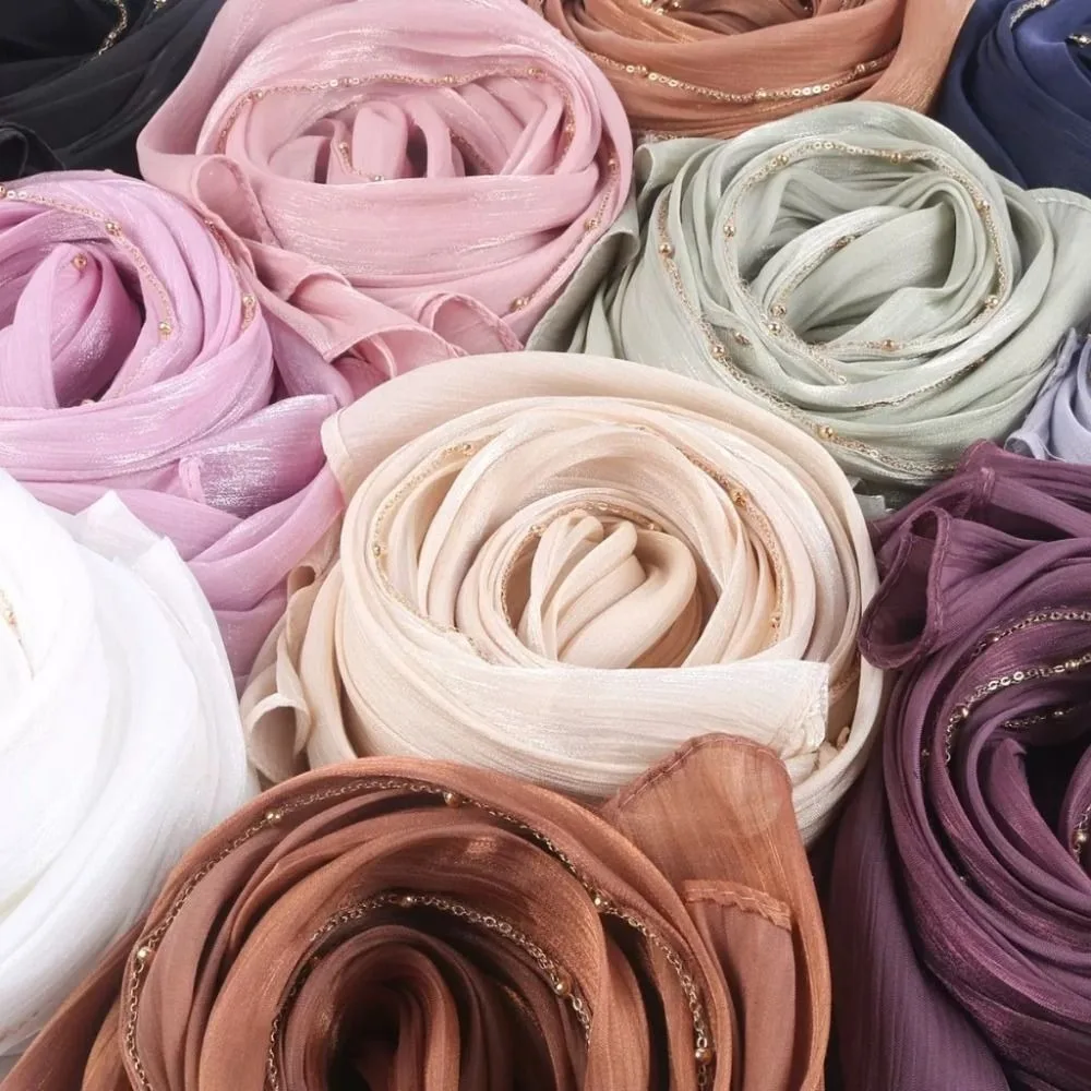 Luxus Perlen islamischen Turban Chiffon lange Wraps Schal Pashmina dünne ethnische Stil Schal Frauen