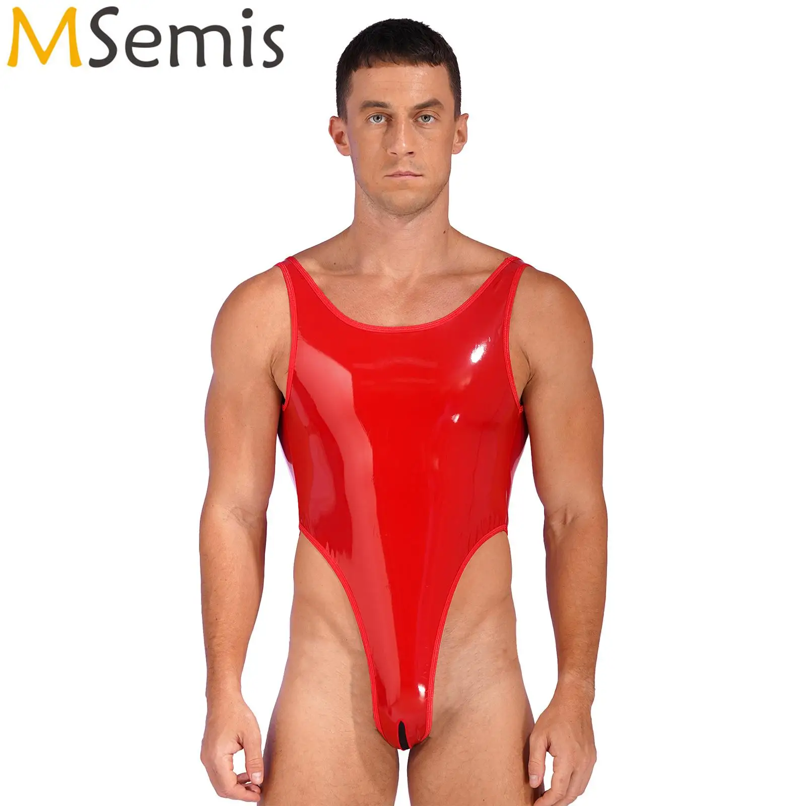 Mens Patent Leather High Cut Bodysuit Pole Dancing Rave Outfit Stage Performance Costume Wet Look Backless Leotard Clubwear