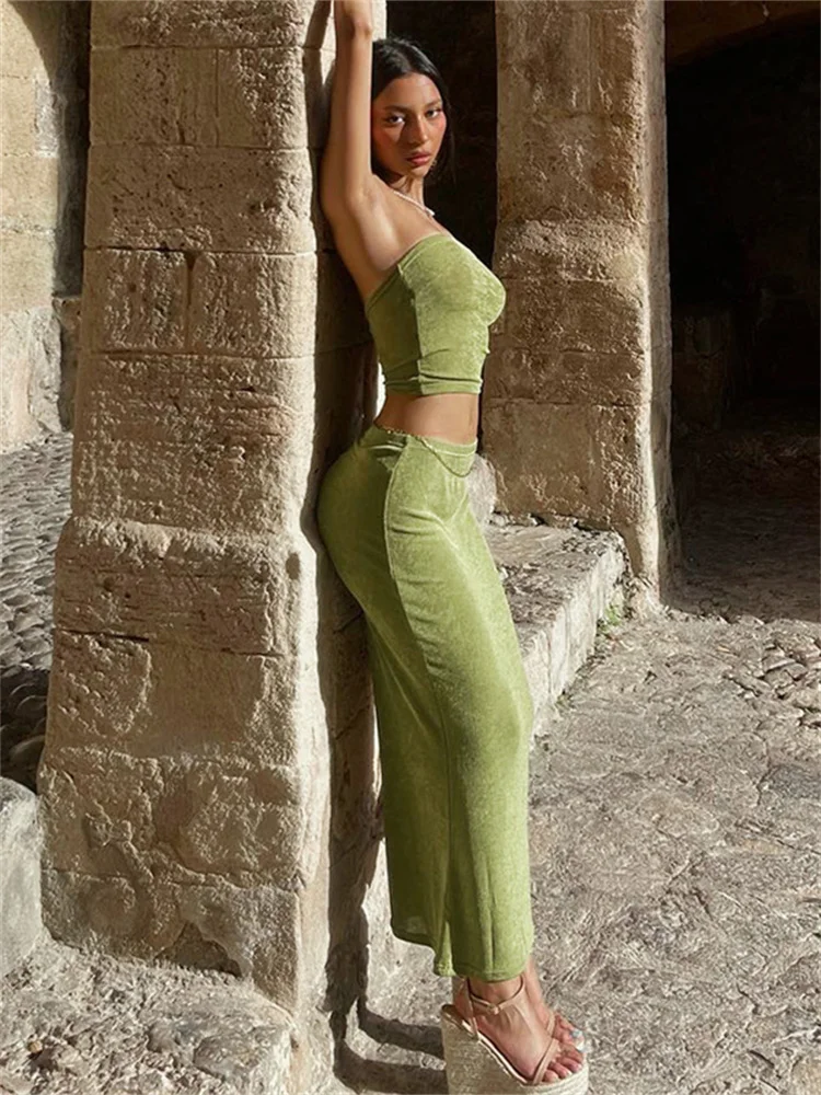 Y2k 끈 없는 크롭탑 미디 바디콘 스커트 세트 여성용, 섹시한 스트리트웨어 하라주쿠 패션 여름 의상