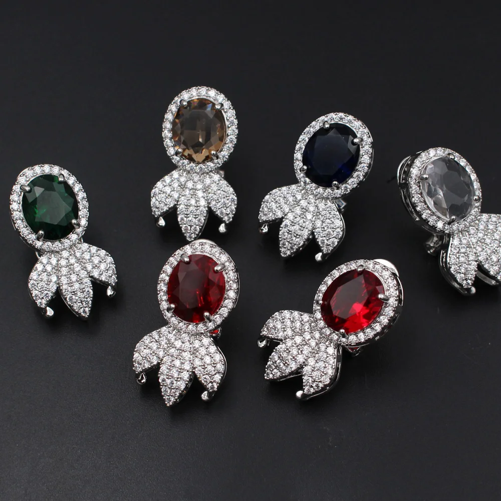 6pair Oval Colors Red Green Blue CZ Zirconia Earrings Post Silver Plated Copper Studs For DIY Women Handmade Earrings