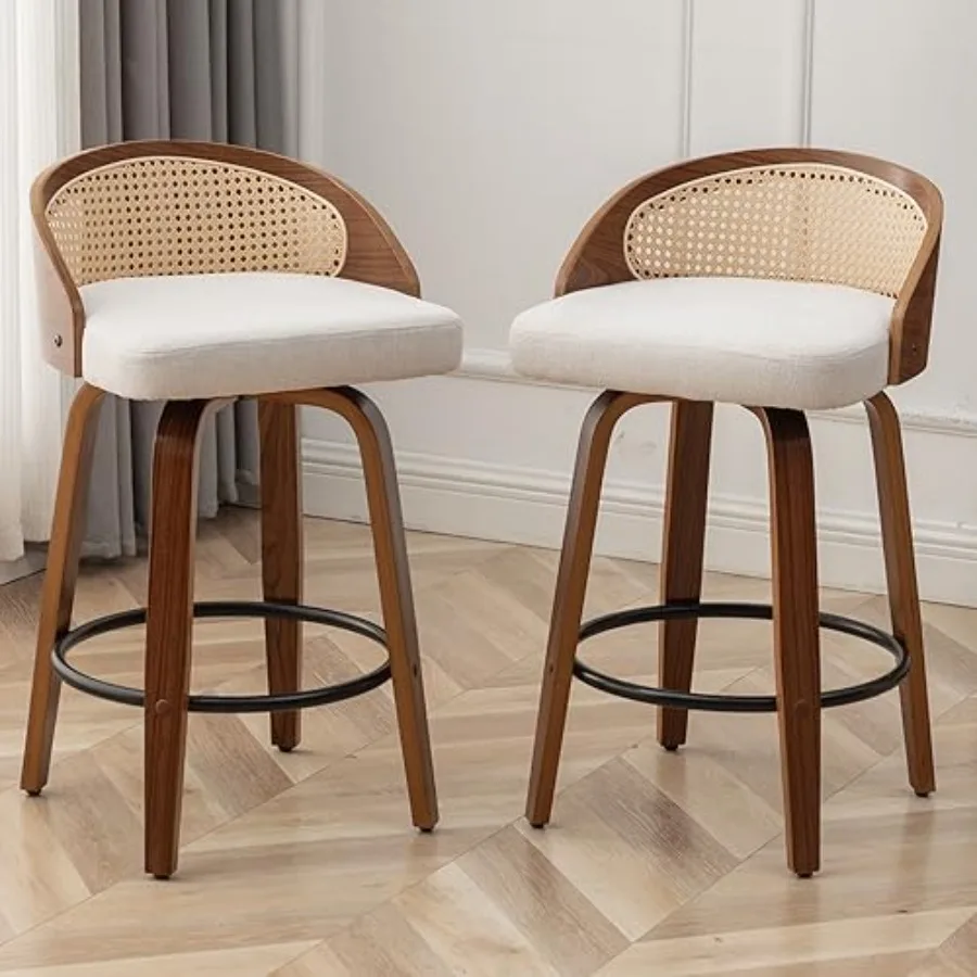 

26" Swivel Rattan Bar Stools 2, Mid-Century Modern Linen Upholstered Counter Height Stools, Kitchen Island Barstools with Ratta