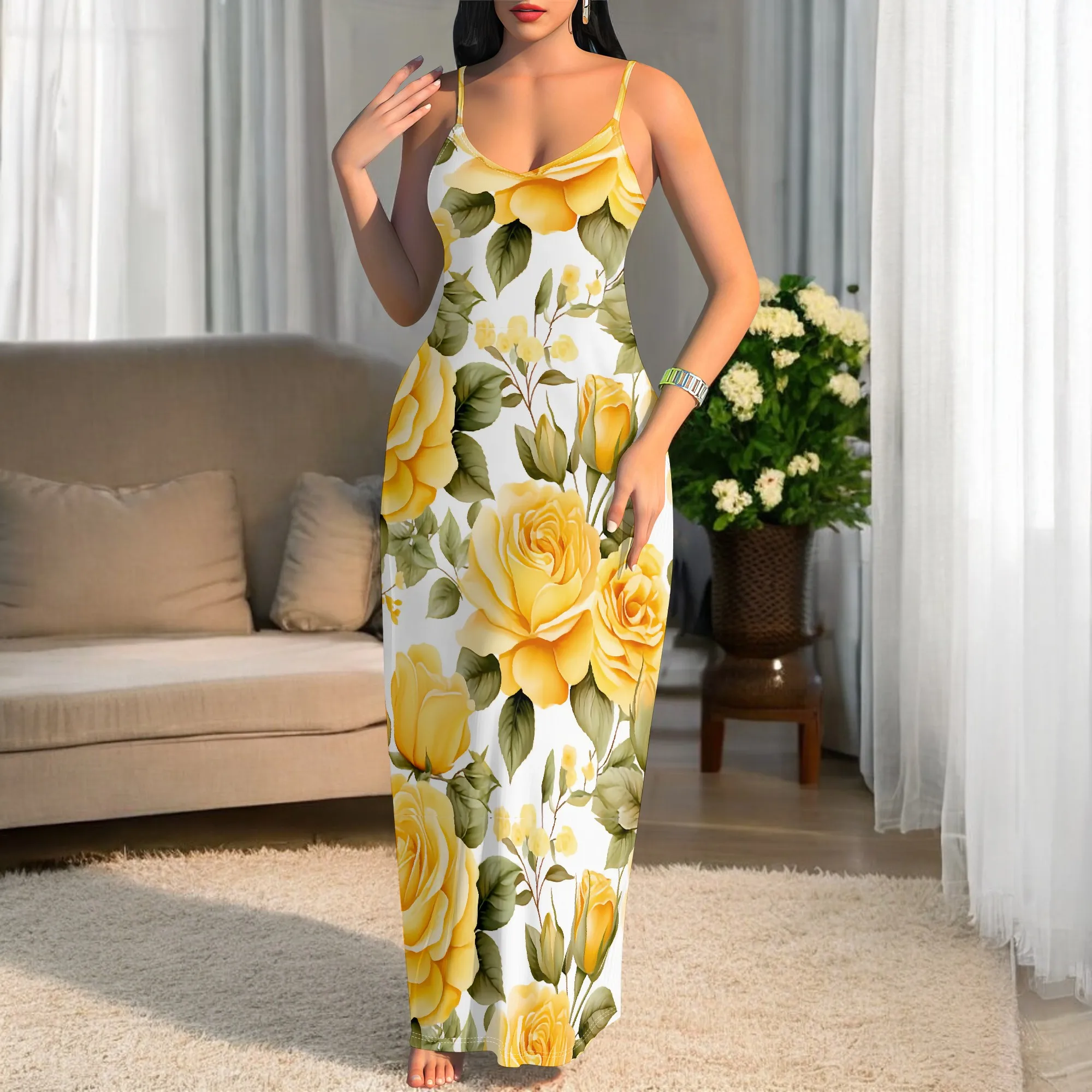 

Women's Spaghetti Strap Fashion Watercolor Floral Pattern Maxi Dresses Sexy Ribbed Bodycon Sleeveless Dresses V Neck Long Dress