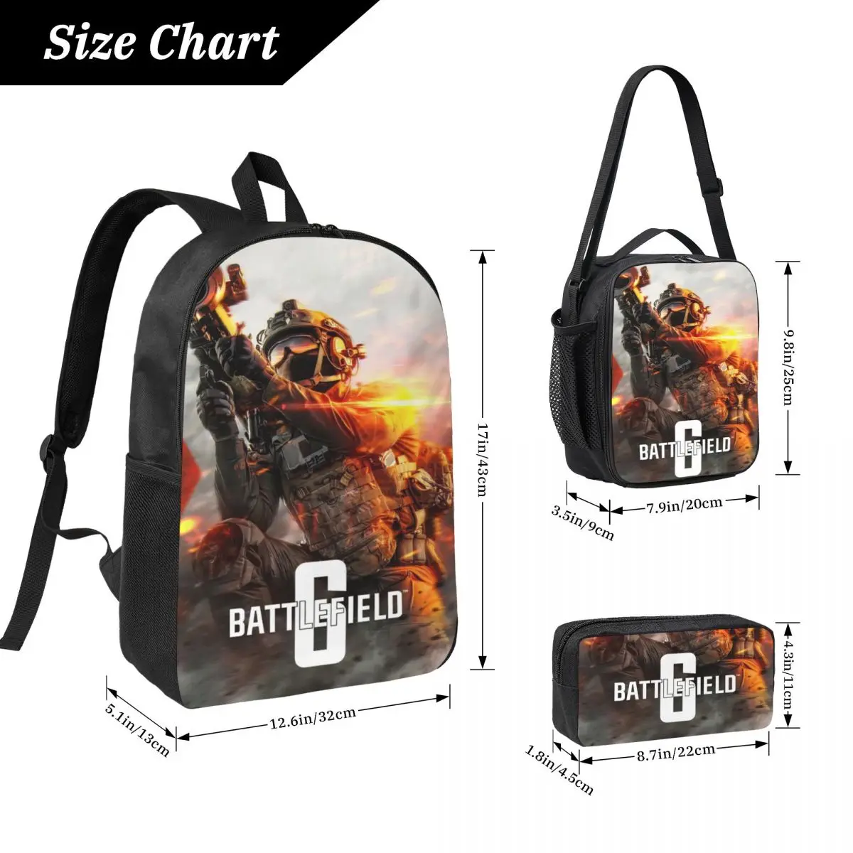 3Pcs Battlefield 6 merch Backpack Set for Girls Boys Pen Bags Bookbag Sets with Lunch Box For School Students Daypack