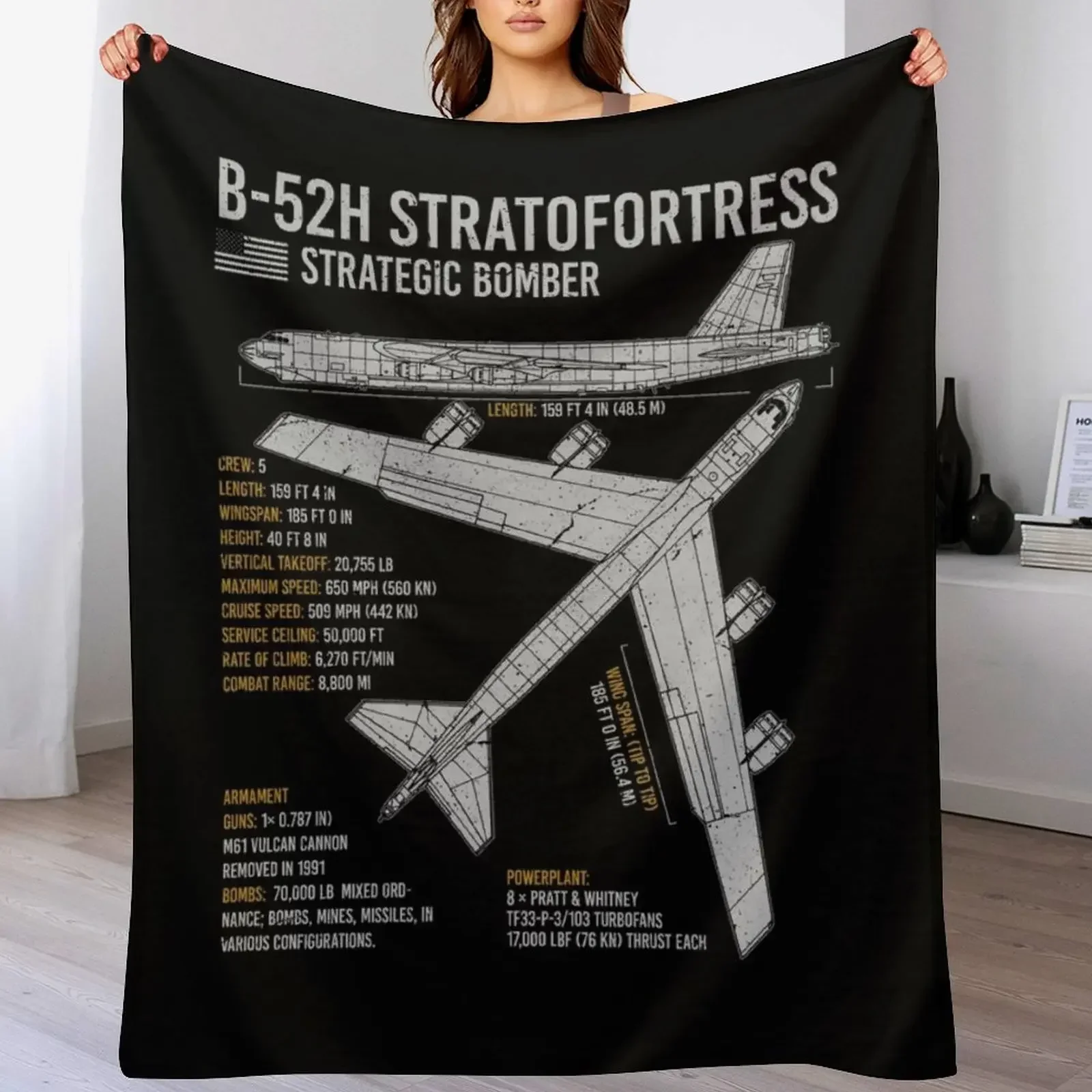 B-52 Stratofortress Bomber Aircraft Plane Airplane Blueprint Throw Blanket Shaggy Decorative Throw Blankets