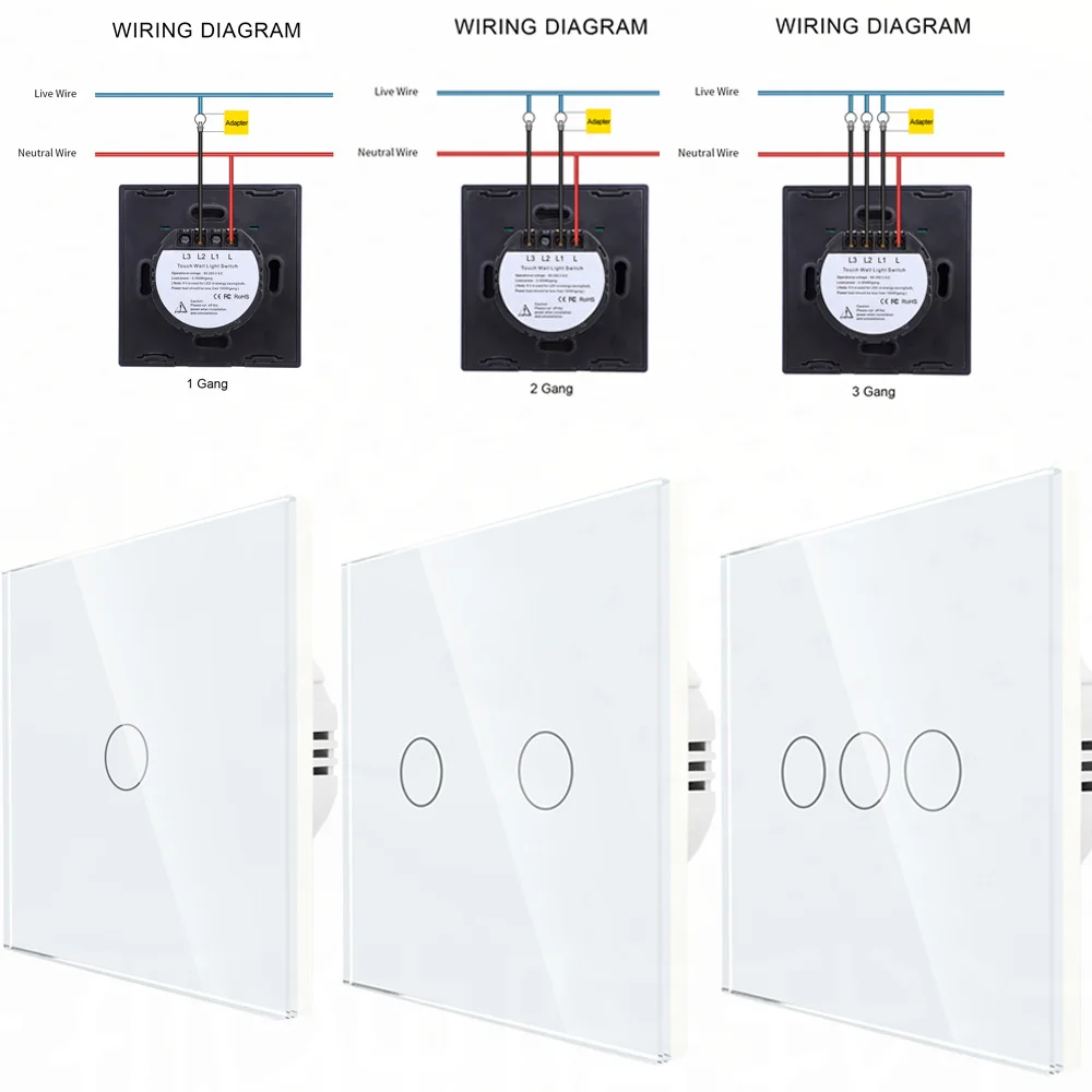 

EU Touch Switch Sensor Switches No Neutral Wire Required 1/2/3 Gang LED Crystal Glass Panel AC100-240V Wall Lamp Light Switch