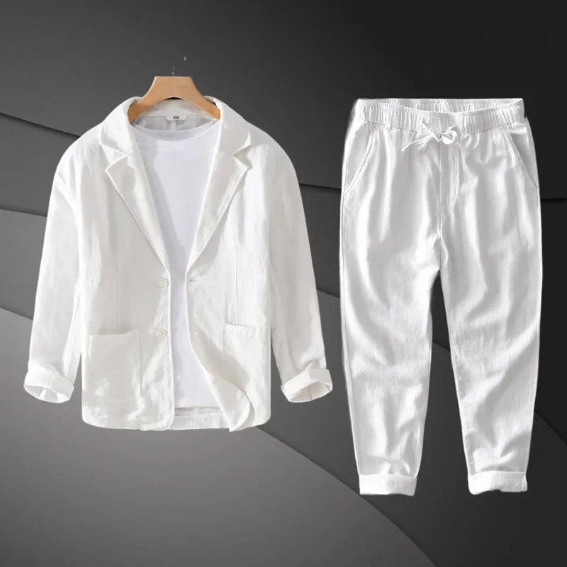 

Cotton Linen Blazer Suit Set For Men Casual Spring Summer White Man Blazer Jackets Pants Korean Handsome Casual 2 Piece Set