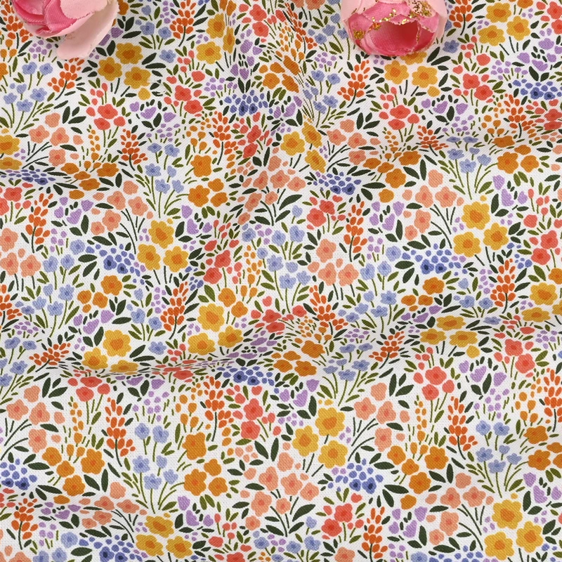 Plain Cotton Fabric with Cute Garden Little Flower Print, Handmade DIY Patchwork, Bag Garment Dress Cloth, CR-1608