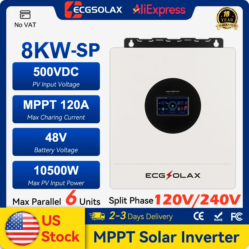 ECGSOLAX 8KW SP 48V Hybrid Solar Inverter Split Phase 110V 240V Pure Sine Wave Off Grid Max PV 500VDC with 120A MPPT Solar Charger