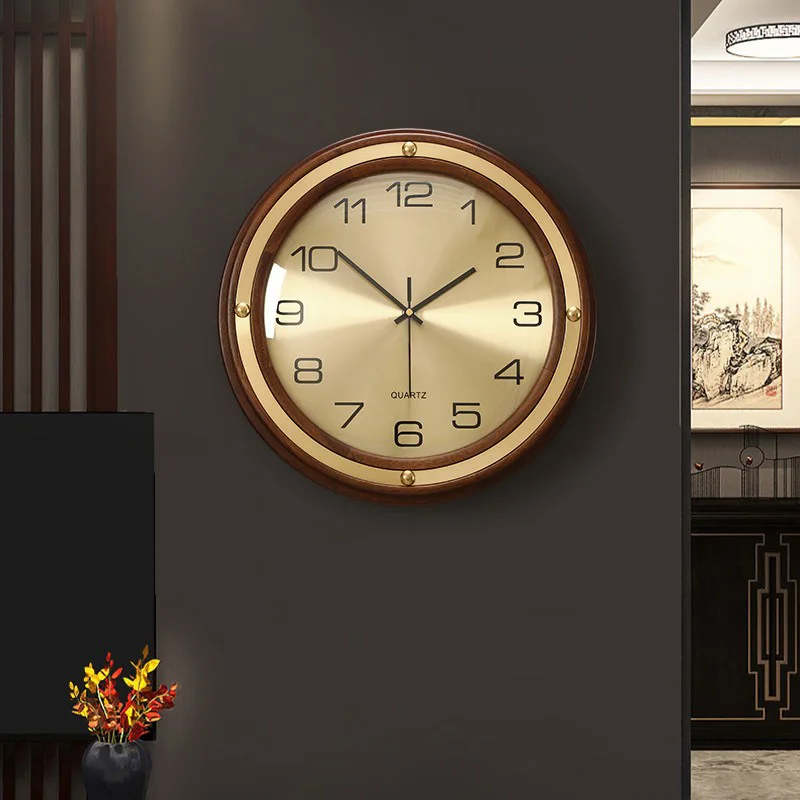 

Round solid wood wall clock simple new Chinese brass clock living room