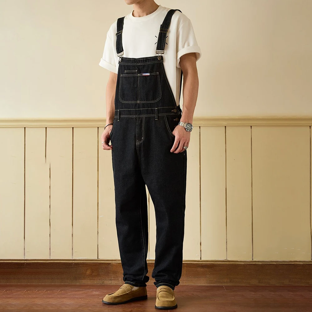 2025 Winter New Men's Solid Color Denim Overalls American Retro Fashion Trend Street Hip Hop Loose Casual Niche Men's Clothing