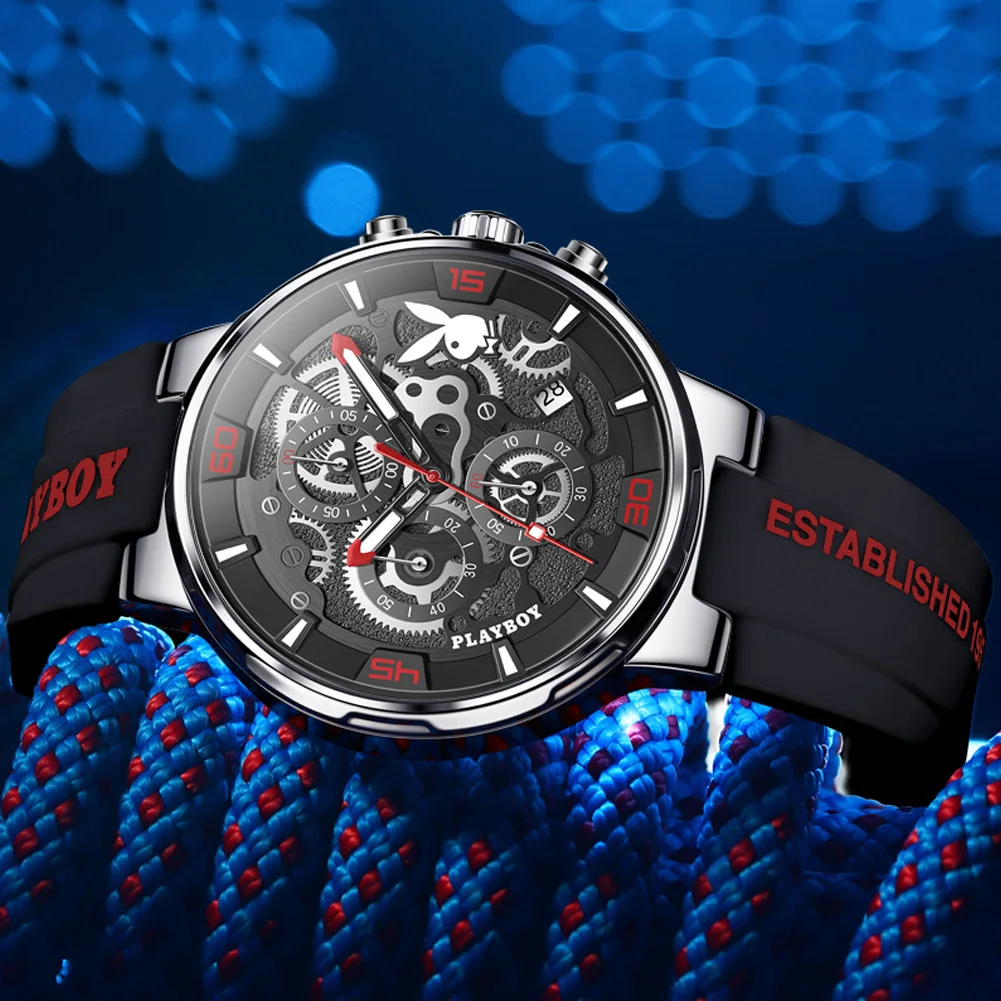 PLAYBOY Luxury Original Watch for Men Silicone Strap Fashion Quartz Men\'s Wrist Watches Waterproof Luminous Sports Male Watch