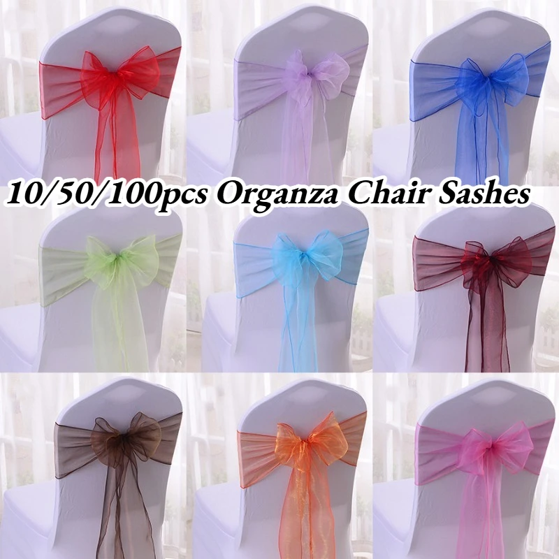 10/50100pcs Colorful Organza Chair Sashes Wedding Chair Decoration Knot Bands Chair Bows for Wedding Party Banquet Event Decors