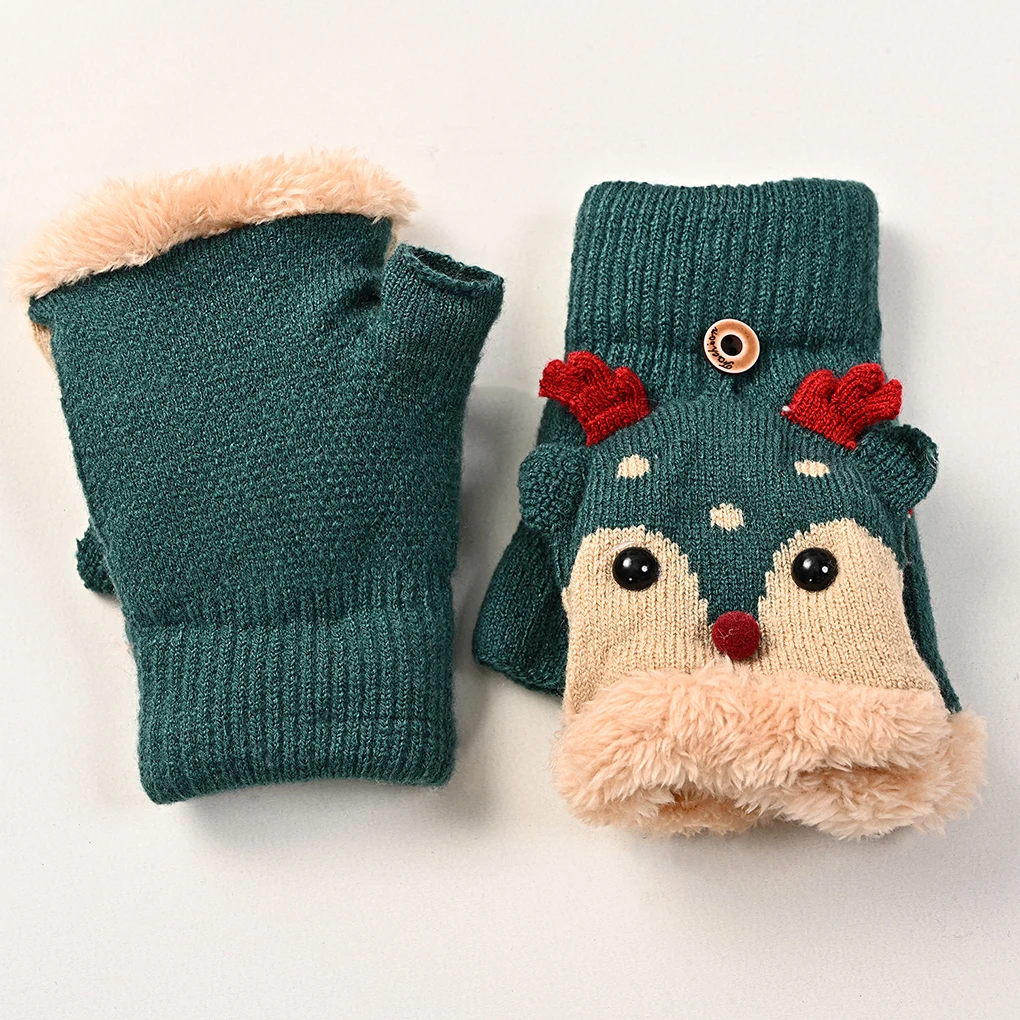 Children Winter Gloves Christmas Cartoon Elk Flip Half-Finger Mittens For Girl Boy Kids Warm Plush Lined Fingerless Glove