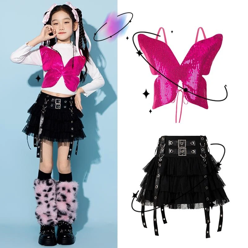 

Одежда для джазовых танцев для девочек, наряд для выступлений болельщиков, модный подиумный жилет с блестками, черная юбка, современный сценический костюм Kpop BL14761