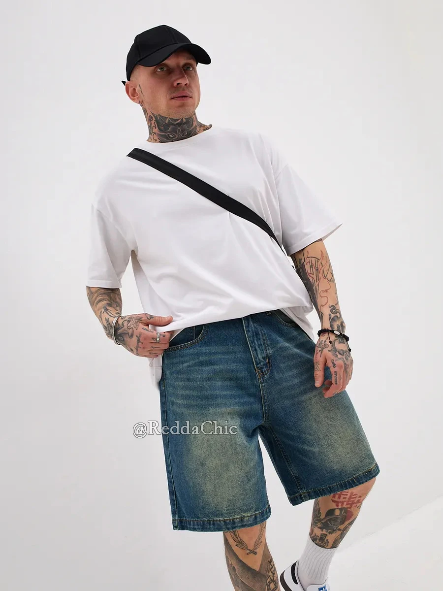 REDDACHiC เก่าหนวดเบอร์มิวดากางเกง Baggy Jorts กระเป๋าต่ําเอว Vintage Wash Denim กางเกงขาสั้นฤดูร้อนผู้ชาย Streetwear