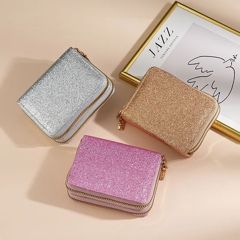 Korean Style Women's Double Zipper Accordion Card Holder - Starry Shiny Card Cover, Multi-Slot ID Document Organizer