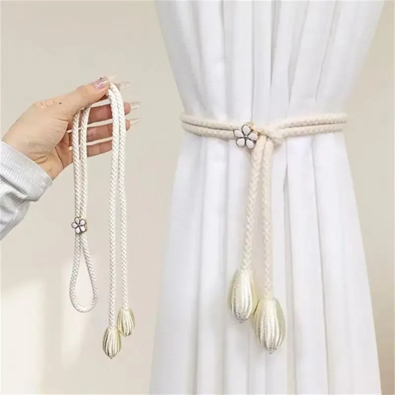 

2 adjustable hand braided curtain fasteners with small metal drapes - no punch size universal elastic curtain strap