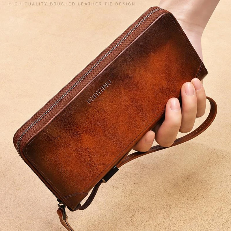 Men's Retro Cowhide Genuine Leather Long Wallet Business Travel Phone Zipper Wallet Anti RFID