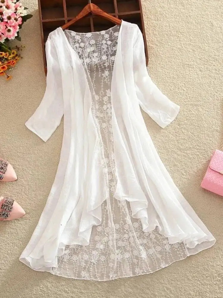 

Women Lace Jacket Summer Elegant Half Sleeve Embroidery Floral Thin Lace Coats Ladies White Cardigan Outwear