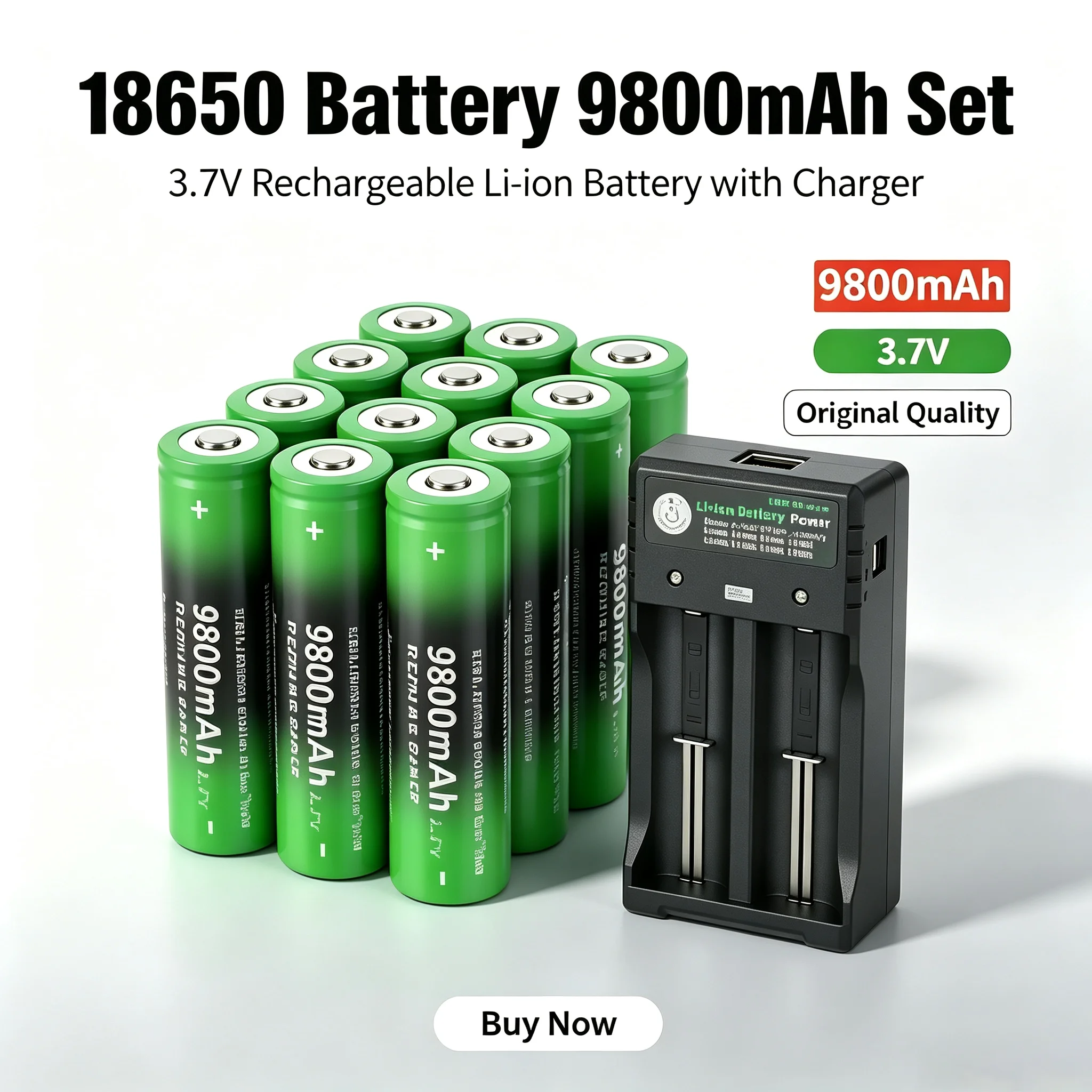 18650 3.7V 9800mAh Rechargeable Li‑ion Battery Kit With USB Charger High Capacity Cell For LED Flashlight Torch Outdoor Lighting