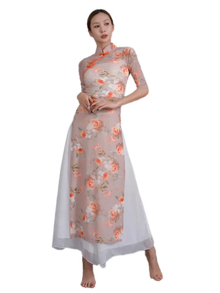 Flowers Chinese Folk Dance Latin Women Modern Dress Classic Costume Jazz Middle Sleeves Competition Stage Mesh Cheongsam