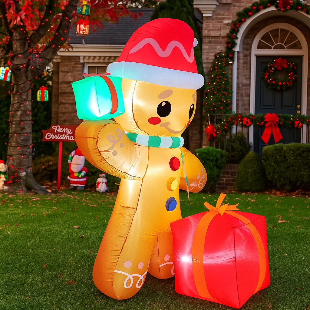 1,8 м/5,9 футов надувной пряничный человечек с подсветкой в подарочной коробке, светодиодные украшения для дома, игрушки, двор, Рождество, уличное праздничное освещение, декор