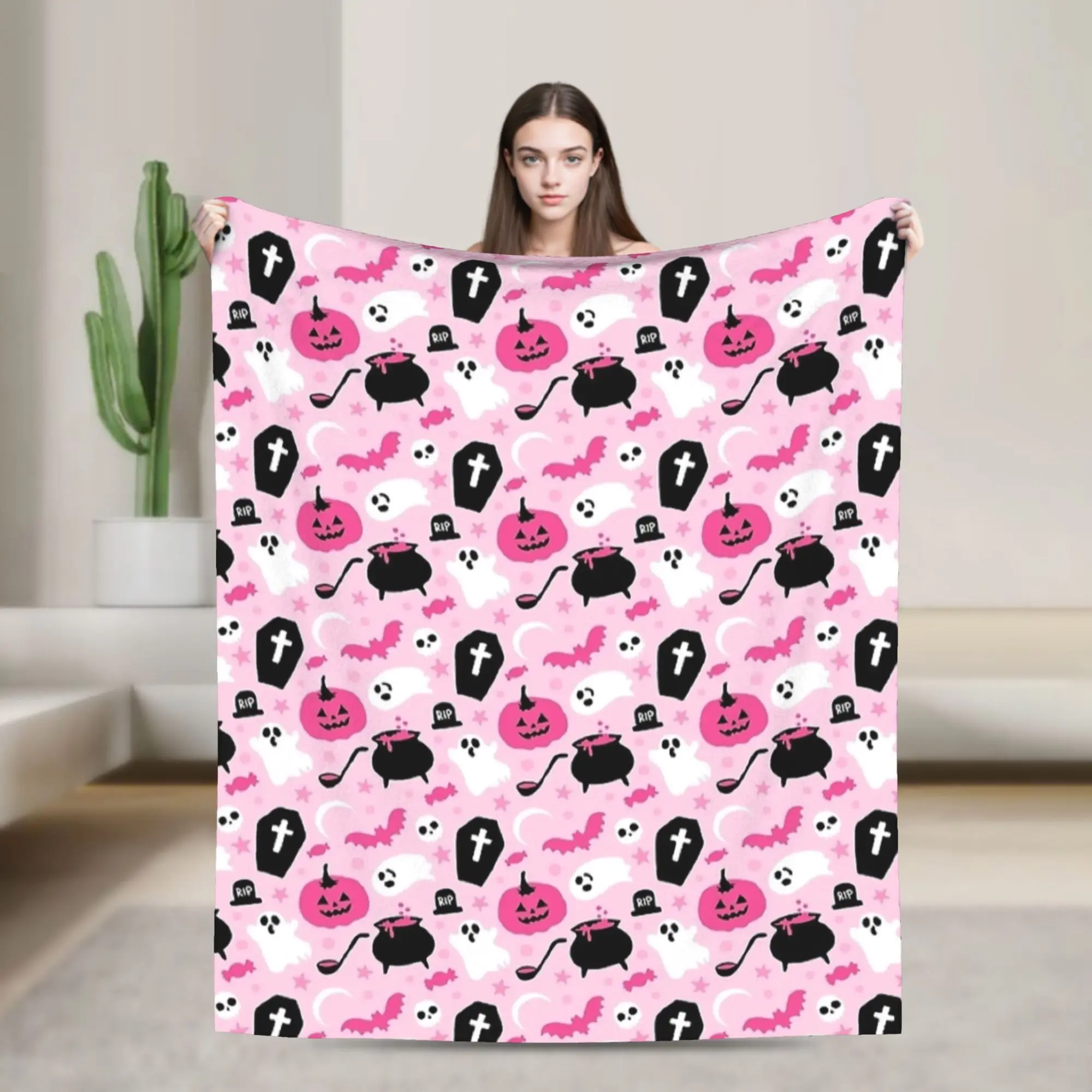 Pink Ghosts Spooky Knitted Blankets Halloween Plush Throw Blanket Summer Air Conditioning Personalised Ultra-Soft Warm Bedspread