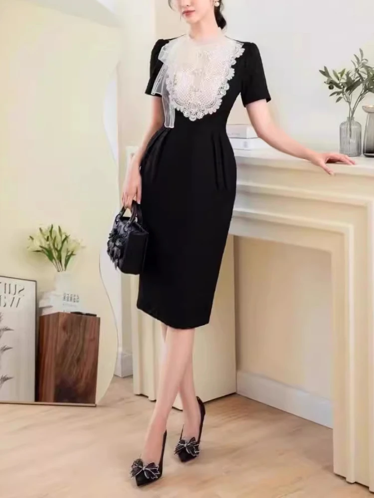 

Black & White Patchwork Lace Embroidery Flutter Mesh Dress Bowknot Buckle Elegant High Waist Dress 2024 New in Woman Clothing