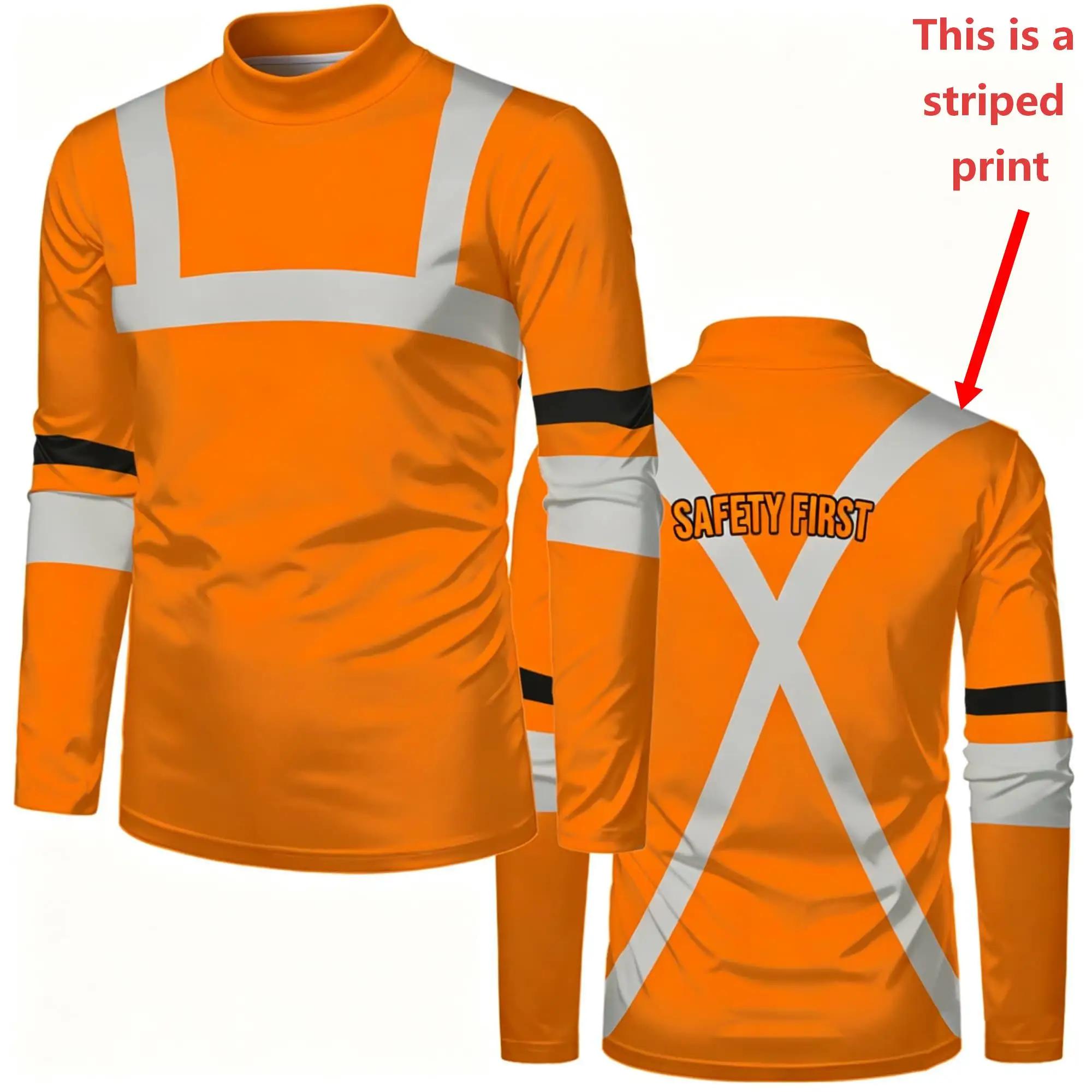 Men Mock Neck Long Sleeve T‑Shirt Fake Safety Work Vest Visual Print Safety First Letter Contrast Stripe Daily Work Casual Tops view 2