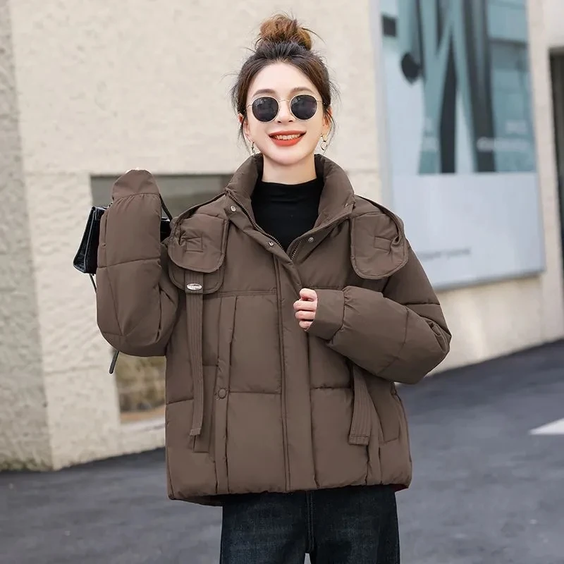 

Winter Fashion Hooded Women Parkas Cotton Padded Jacket Ladies Long Sleeves Loose Short Thick Warm Outwear Female Overcoat