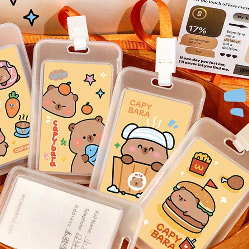 1 pieza de tarjetero Capibala, funda protectora transparente para tarjetas de campus para estudiantes, capibara de dibujos animados con cuerda colgante, portatarjetas