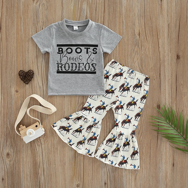 

Children s Short Sleeve T-Shirt and Flared Pants Set Cute Animal Print Outfit with Elastic Waistband for Summer