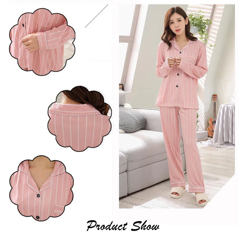 Four Seasons Women Pajamas Set with Lapel Top and Long Pants Checkered Striped Printed 2 Piece Set Ladies Nightwear Homewear image 5