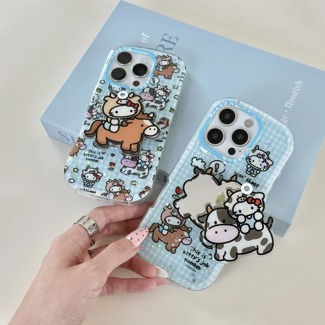 

Creative Funny Grid Hello Kitty Cows Rotating mirror Phone Case For iPhone 16 15 14 Pro Max Shockproof Silicone Soft Cover﻿