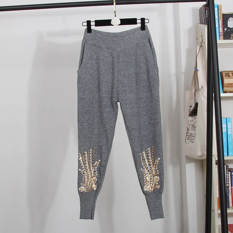 

Spring Autumn Beading Sequins Embroidery Knitted Tracksuit Women Outfits Loose Black Gary Knit Sweater Pencil Pants Set Female