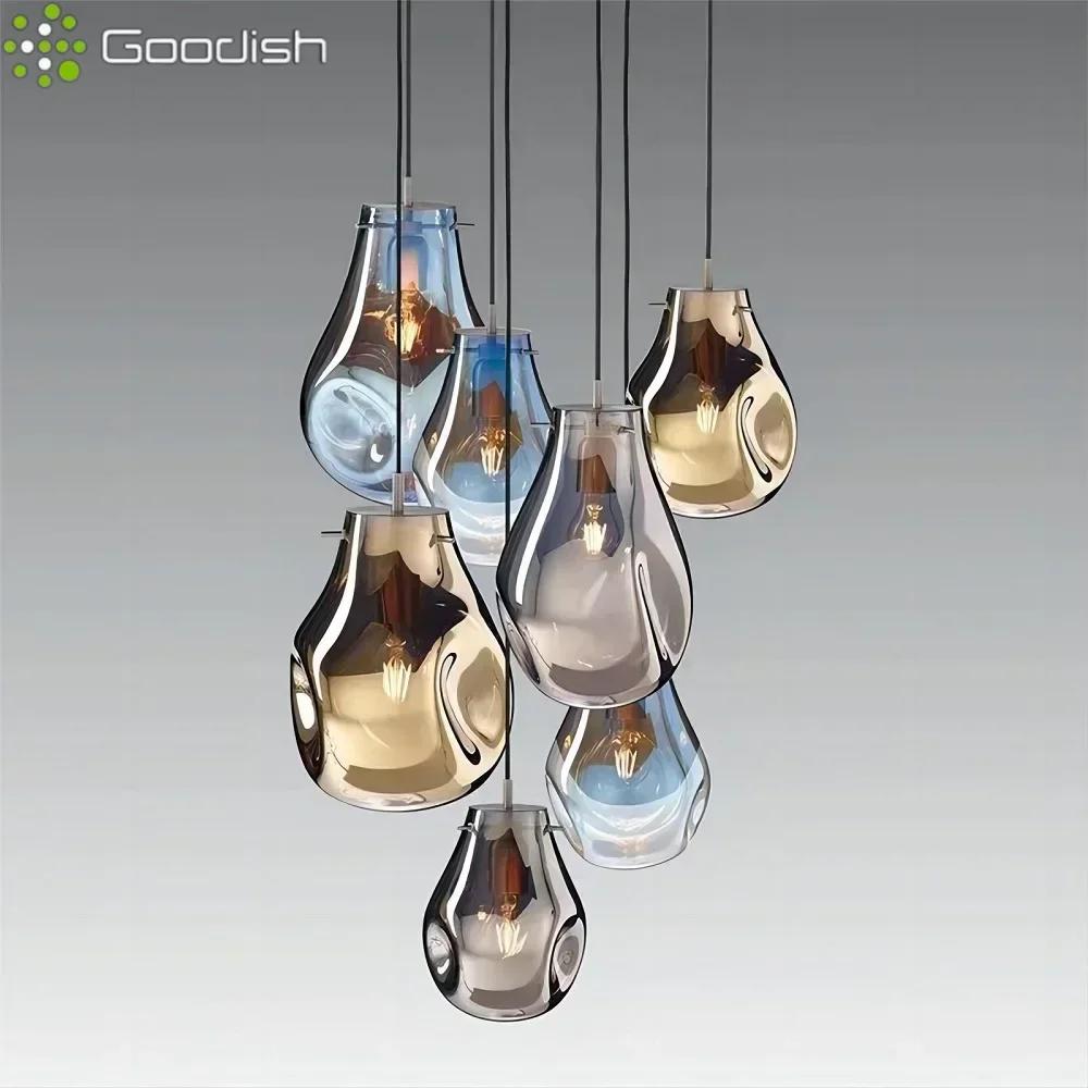 Minimalist Nordic Irregular Glass Amber Small Bottle LED Pendant Lights Lustre Lamps for Living Room Home Decoration Chandelier
