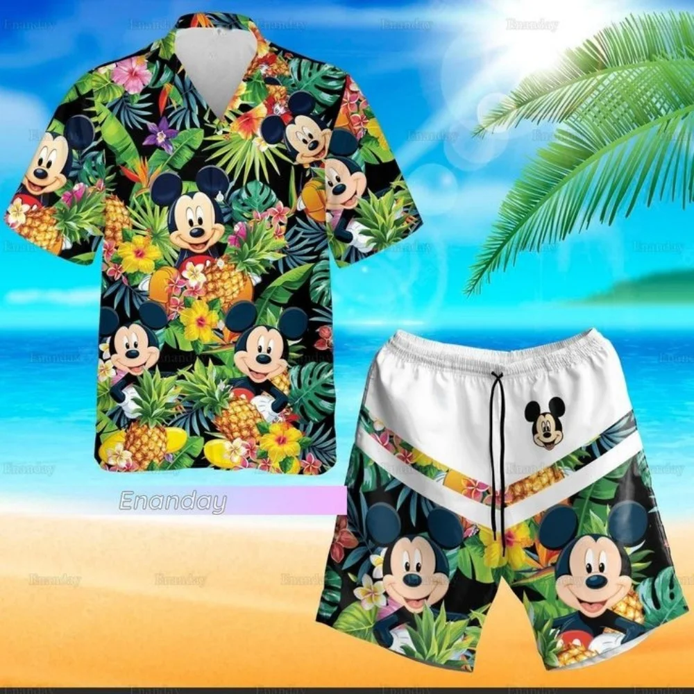 

New Disney Hawaii 3d printed shirt New men's and women's fashion Mickey button short sleeve short suit Disney beach childre